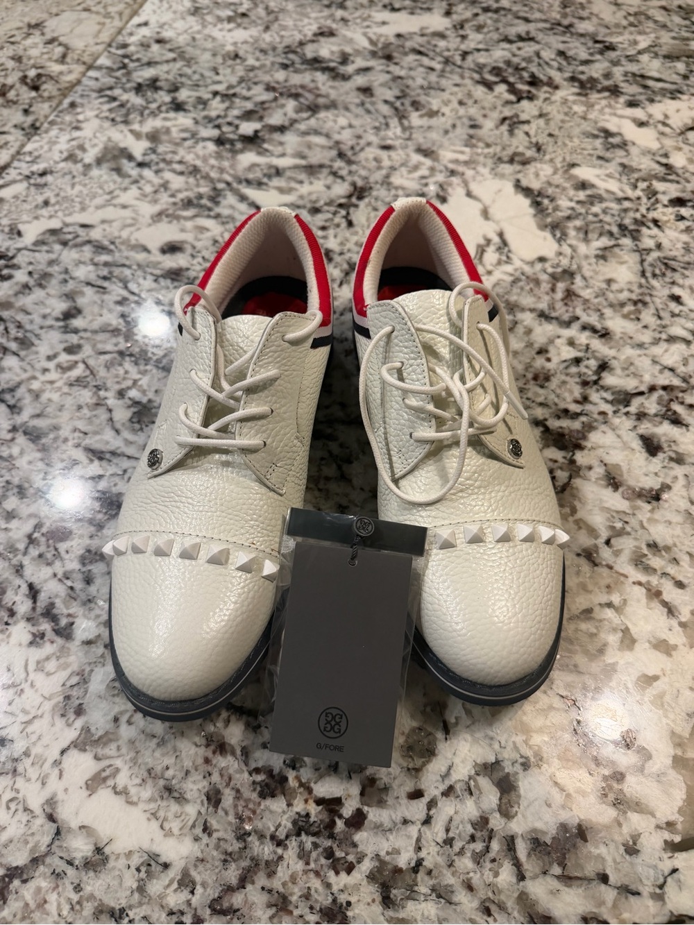 G/FORE White Leather Athletic Golf Shoes with Red Trim